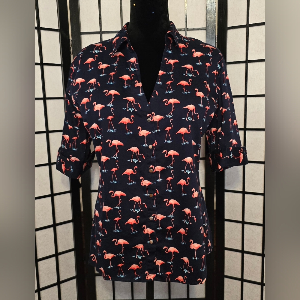 7th Avenue New York & Co Flamingo Snap Button Top Size XL